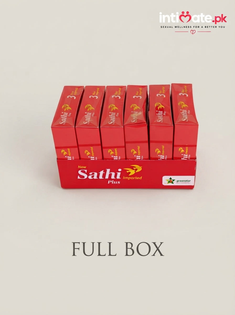 Delay lubricant information shown on the Sathi Plus condom package