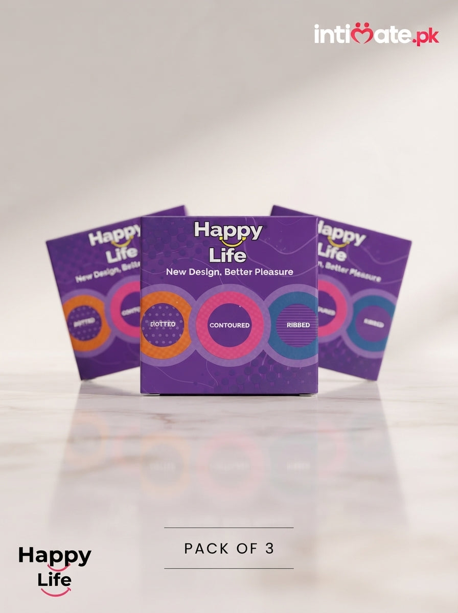 Back of the Happy Life condom package showing the printed product information