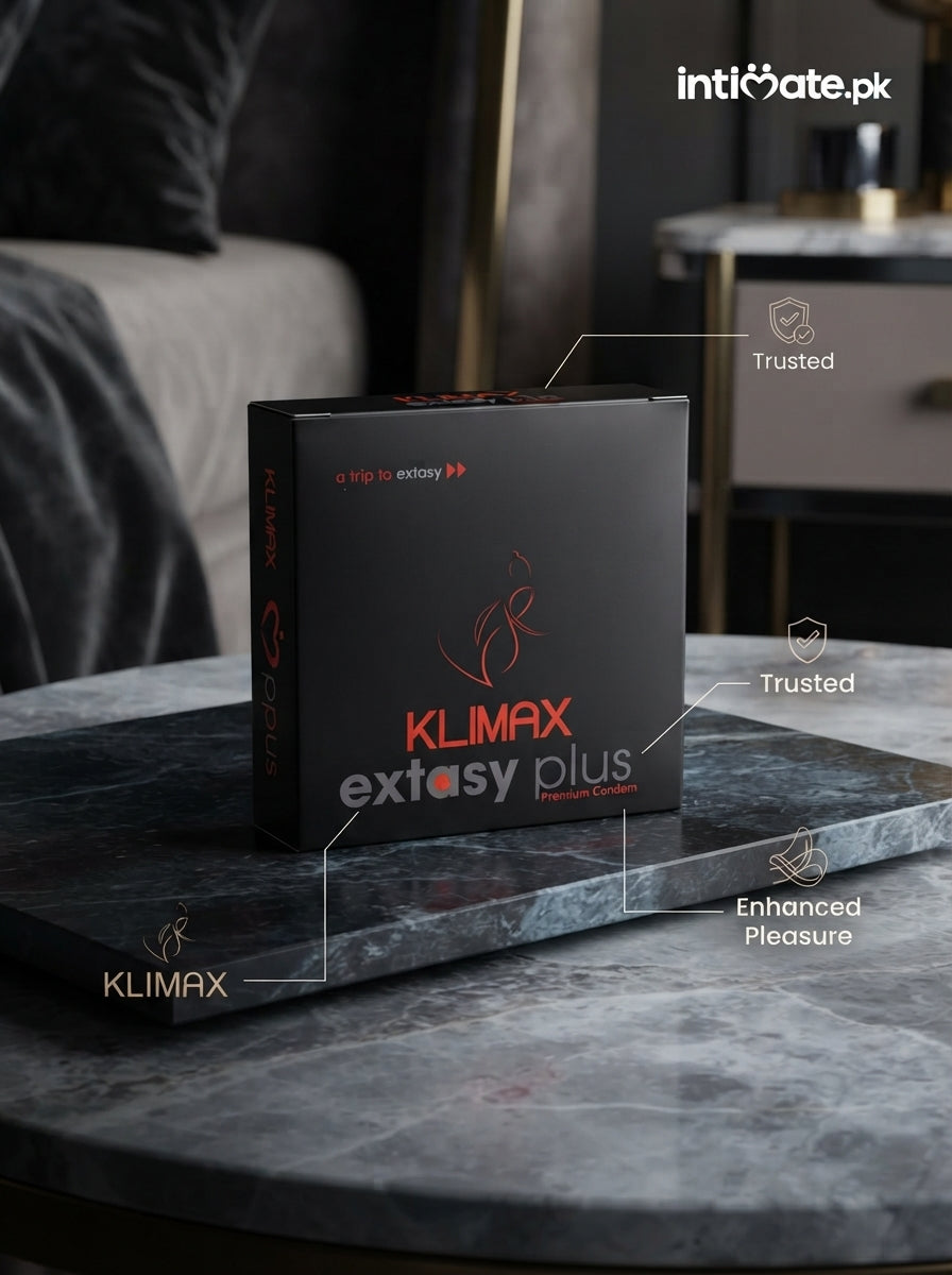 Klimax Extacy Plus condom retail package, front view