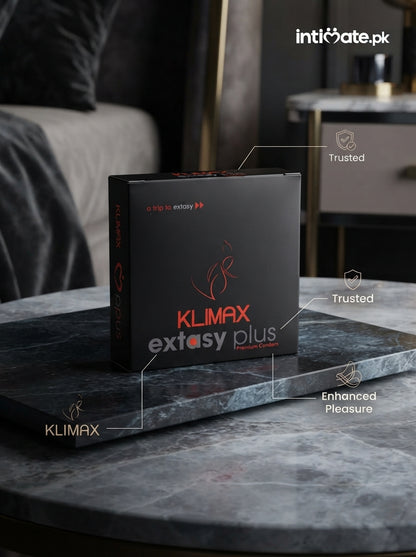 Klimax Extacy Plus condom retail package, front view