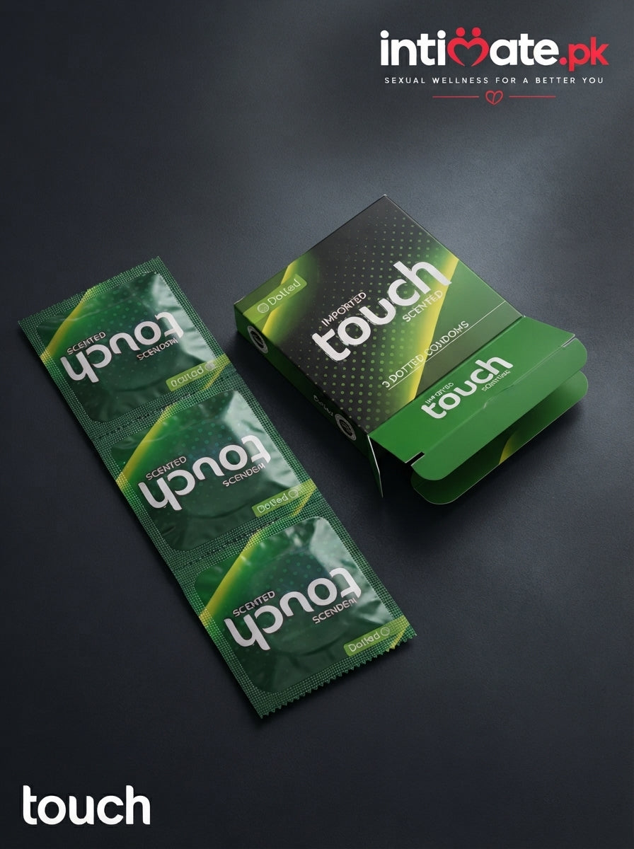 Back of the Touch Dotted Condoms package showing printed product information
