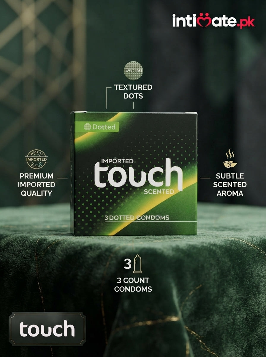 Front view of the Touch Dotted Condoms product packaging