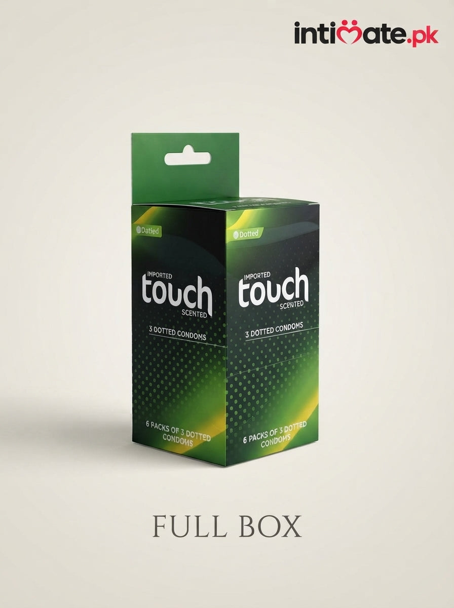 Close-up view of the Touch Dotted Condoms packaging and visible product details