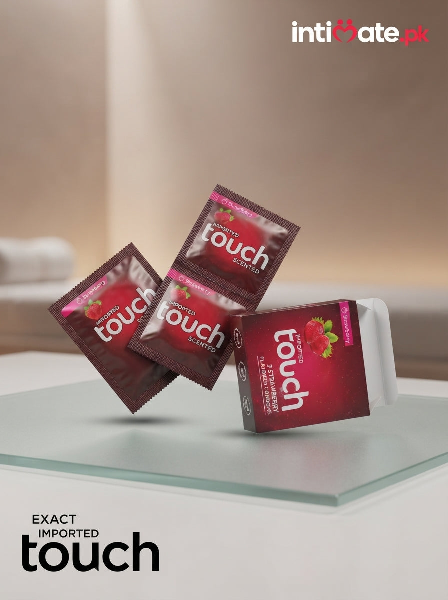 Back of the Touch Strawberry Condoms package showing printed product information