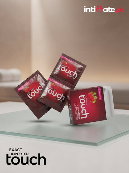Back of the Touch Strawberry Condoms package showing printed product information