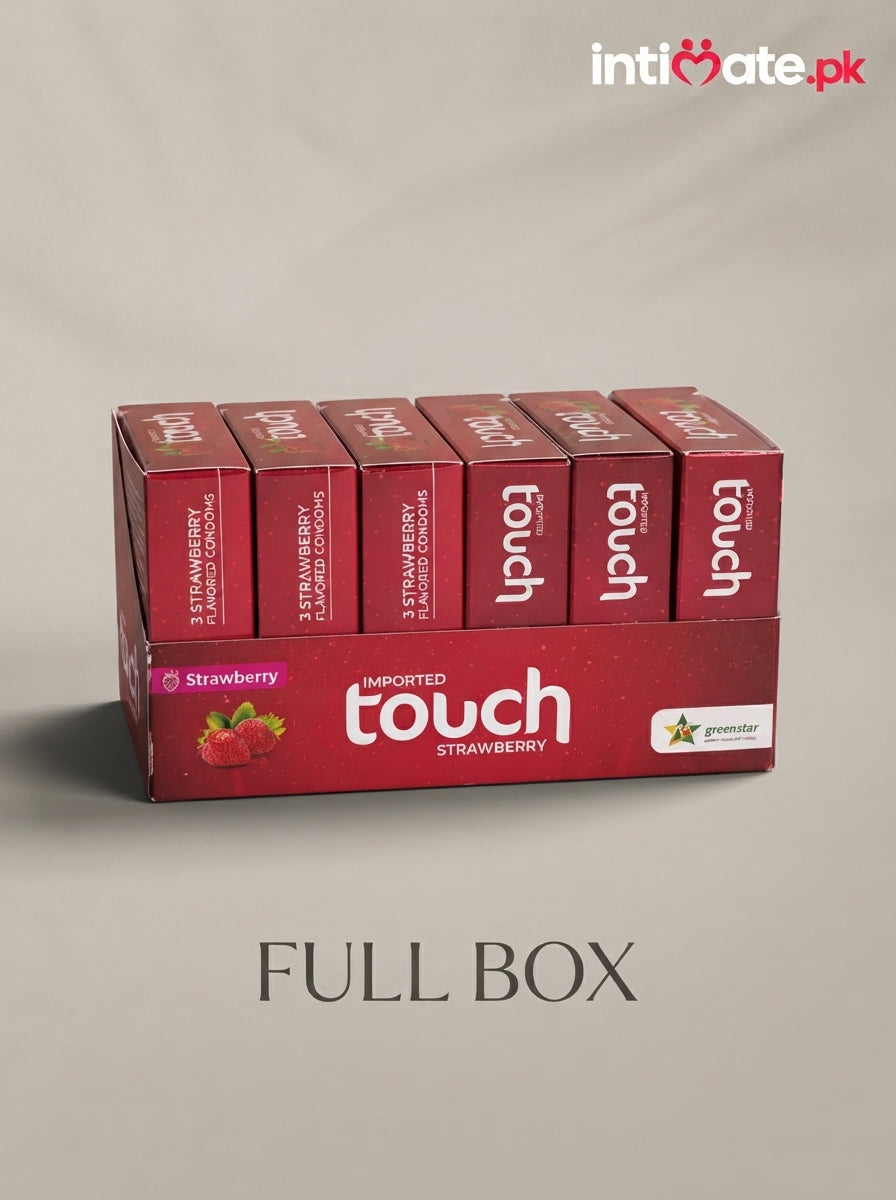 Front view of the Touch Strawberry Condoms package