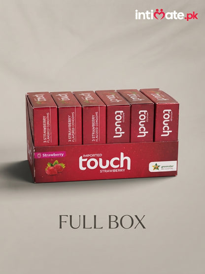 Front view of the Touch Strawberry Condoms package