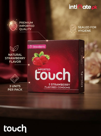 Touch Strawberry Condoms pack showing the printed quantity of three condoms